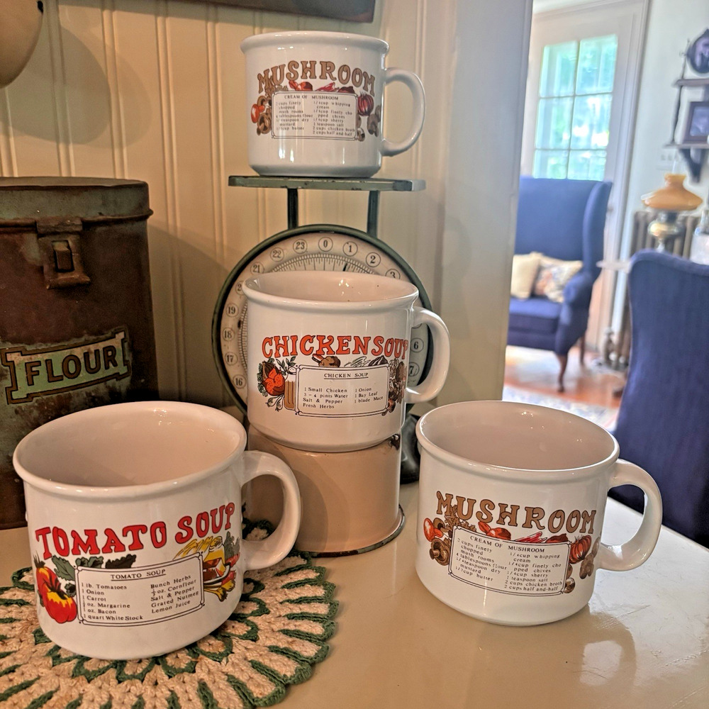 Ceramic Soup Mug Set of 4, Vintage/Retro Recipe Designs w/ Handles